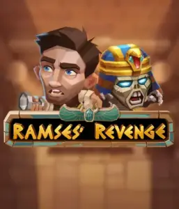 Dive into the mysterious world of the Ramses' Revenge game by Relax Gaming, showcasing a startled explorer and a fierce mummy set against an Egyptian tomb backdrop. This image captures the adventure of ancient Egyptian myths, perfect for adventure seekers, providing a thrilling adventure. 